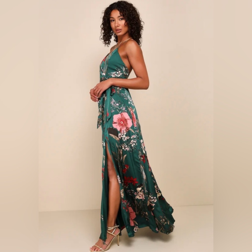 Lulu's Still The One Emerald Green Floral Satin Maxi Dress XS NWT - Picture 13 of 15